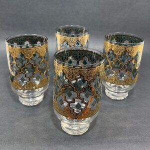 Vtg Culver Seville Highball Footed Glassware 22k Gold Blue Diamond Barware 14 oz